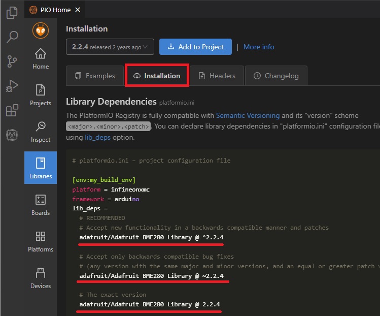 BME280 Install Library Pioarduino VS Code with library identifier