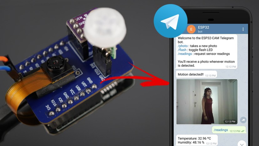 Control ESP32-CAM with Telegram Take Photos, Control Outputs, Request Sensor Readings and Motion Notifications