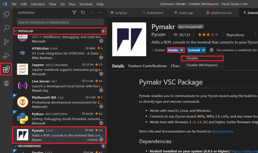 Disable Pymakr extension plugin VS Code