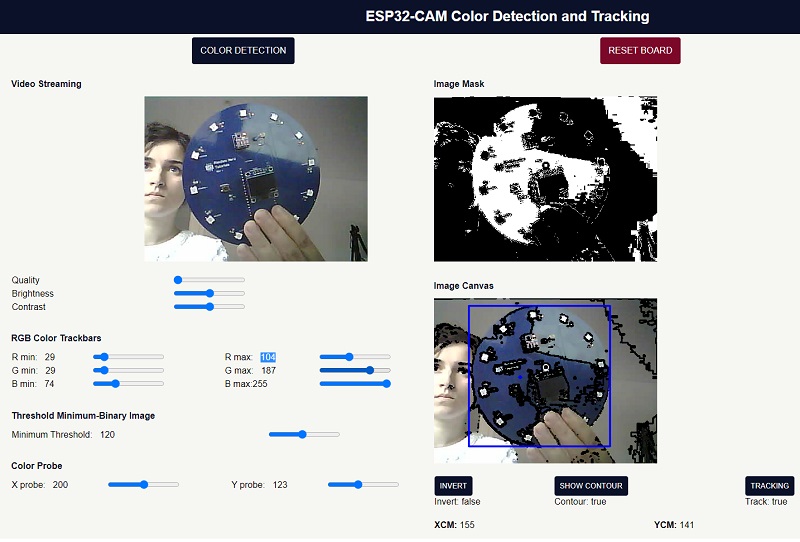 ESP32-CAM Web Server Color Tracking Demonstration OpenCV.js