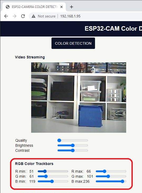 ESP32-CAM Web Server Color Tracking RGB Trackbars OpenCVJS