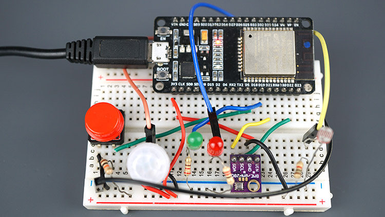 ESP32 IoT Sensor Shield circuit assembled on Breadboard