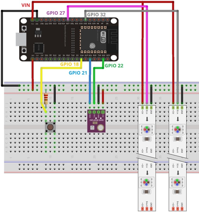 ESP32 Status Indicator Sensor Shield RGB LEDs Shield Breadboard Diagram