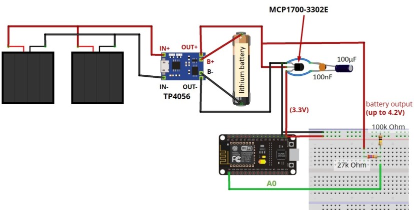 Final circuit Power ES8266 with Solar Panels battery level monitoring