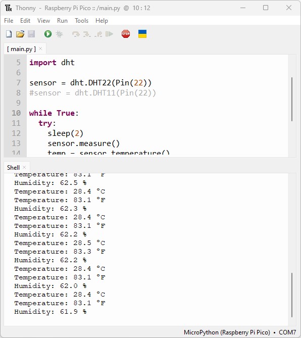 Raspberry Pi Pico display DHT readings on micropython shell