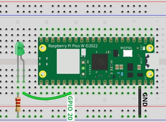 RPi Pico Connected to an LED - schematic diagram