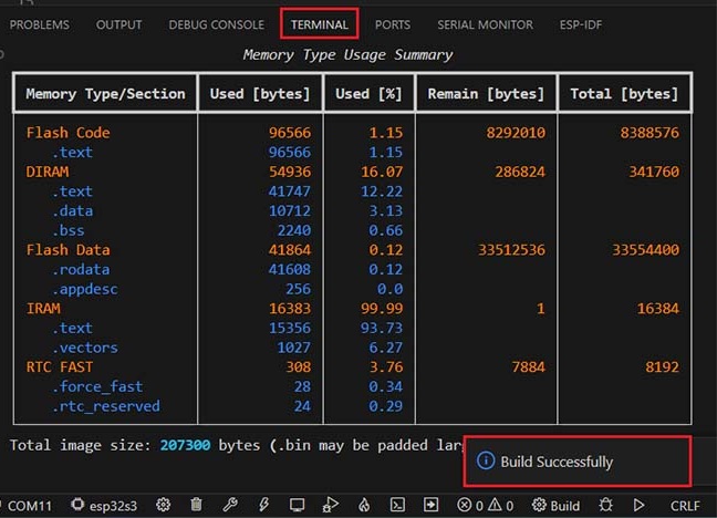 VS Code Build Example Project ESP32 ESP-IDF Success Message