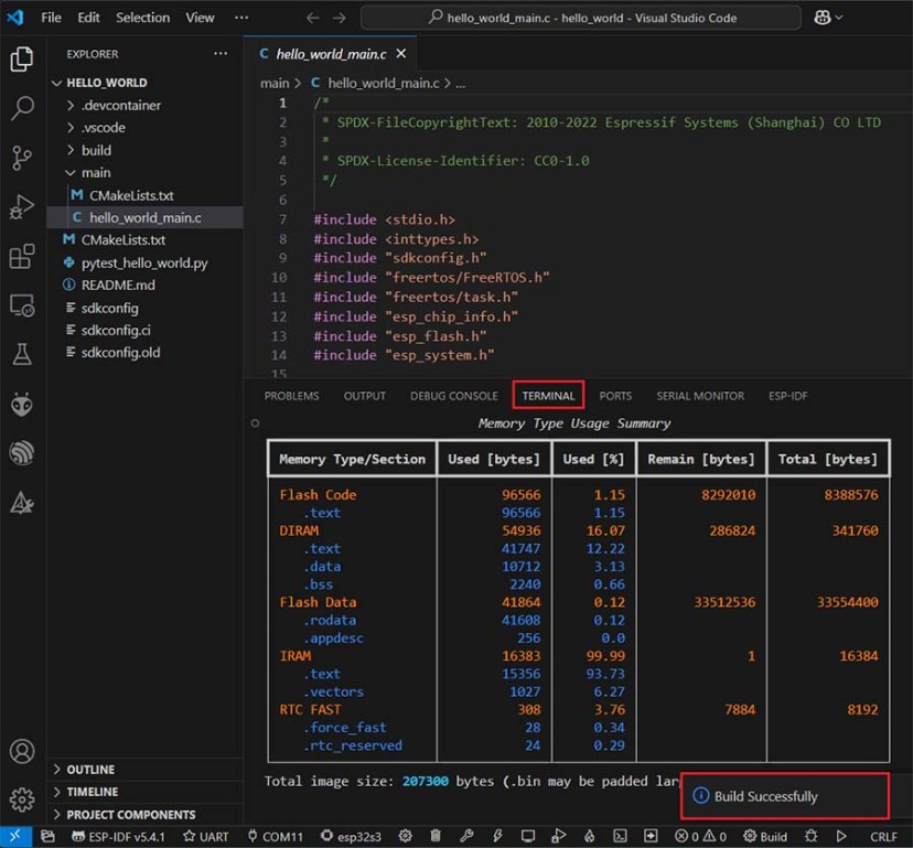 VS Code Build Hello World Project ESP32 ESP-IDF Success Message