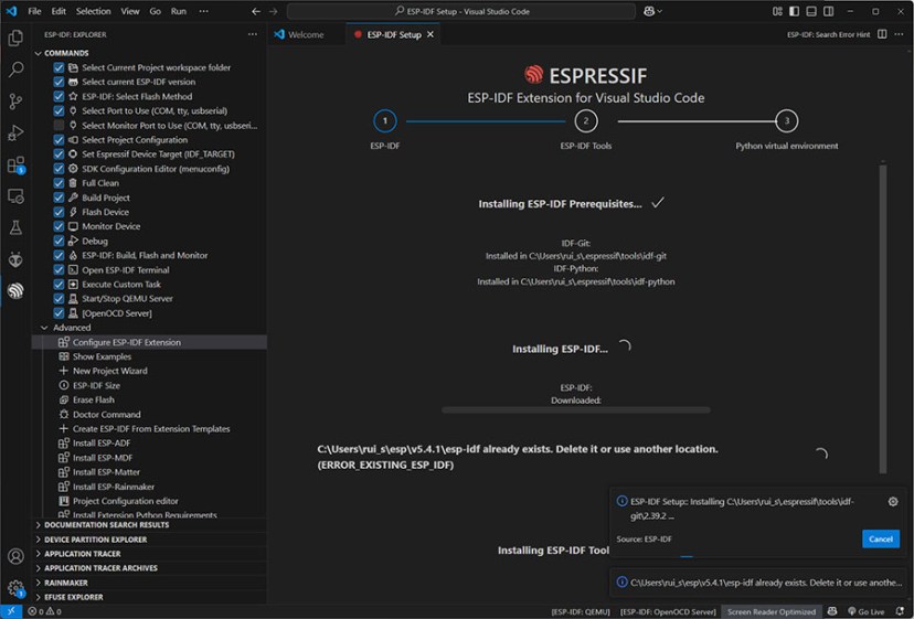 VS Code Configuring ESP-IDF Extension Express Select Release Version Completing Installation ESP IDF Tools Python Virtual Environment