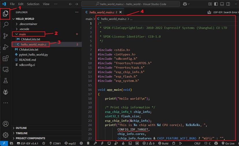 VS Code Open Hello World Project ESP32 ESP-IDF