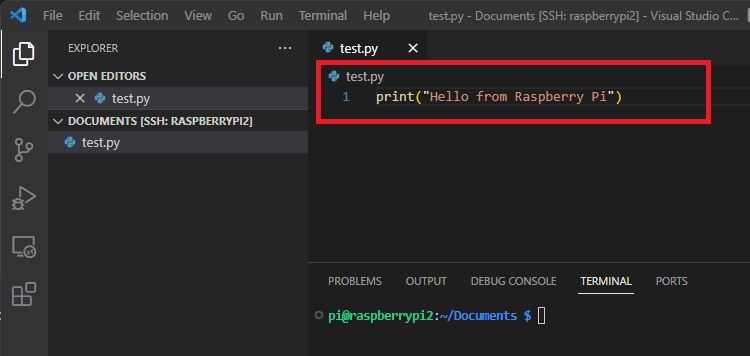 Python File on VS Code Raspberry Pi Remote connection