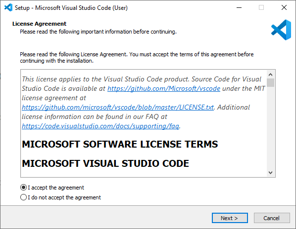 Microsoft Visual Studio Code VS Code Installation wizard