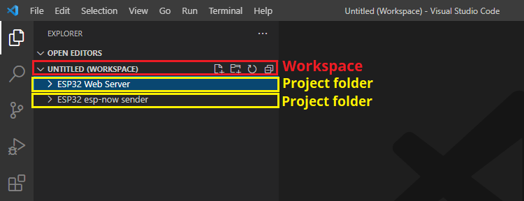 Multi-root workspace untitled VS Code ESP32 ESP8266