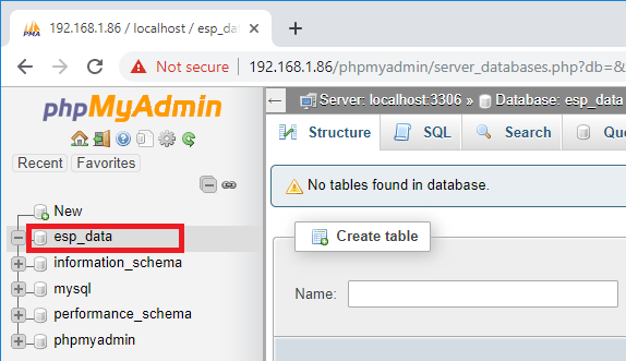 Raspberry Pi phpMyAdmin open new database
