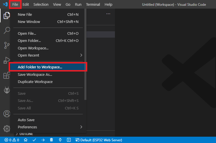 Add Folder to Workspace VS Code ESP32 ESP8266 NodeMCU