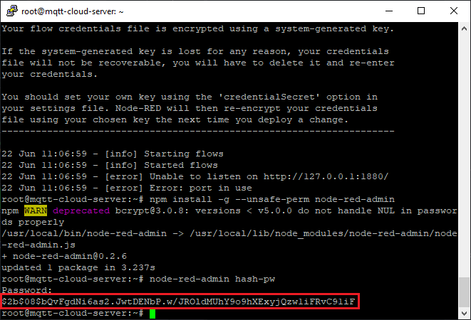 Digital Ocean Installing Node-RED generating password hash admin dashboard