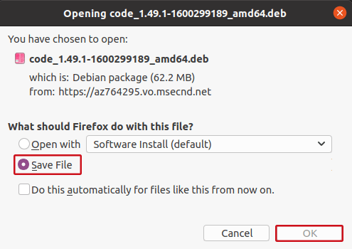 Microsoft Visual Studio Code VS Code Save installation file for Linux Ubuntu