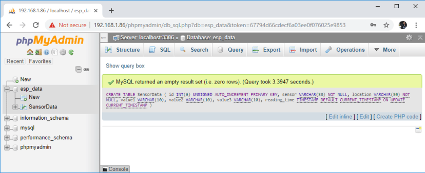 Raspberry Pi phpMyAdmin run SQL table created