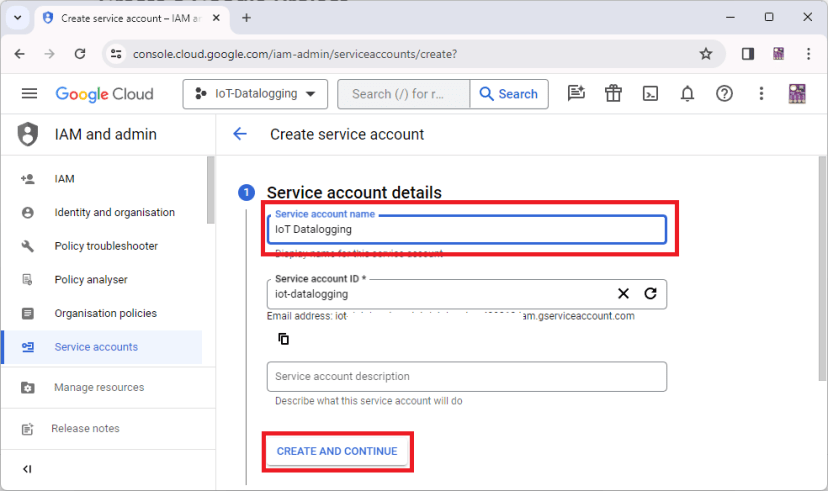 Create google service account define set name