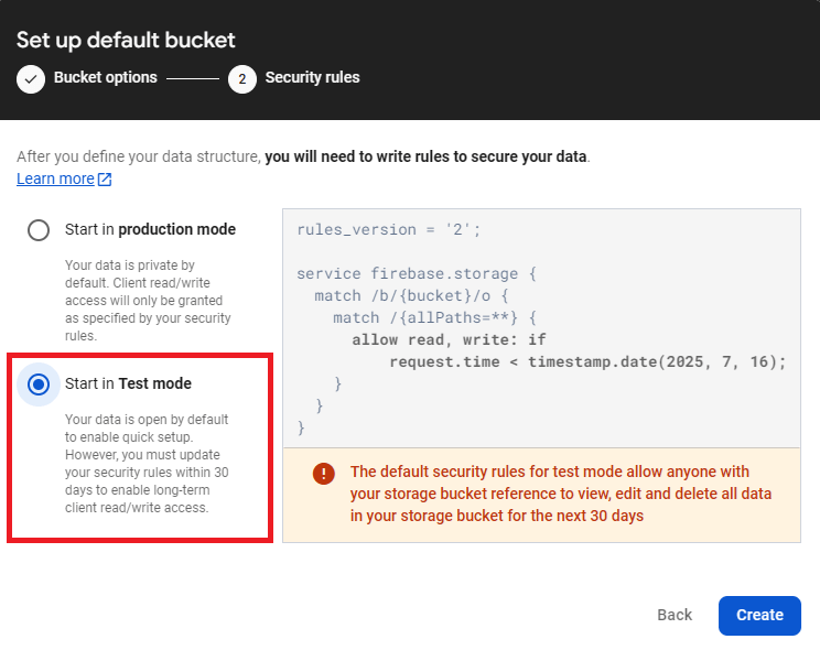 Firabase Storage Bucket Start in Test Mode