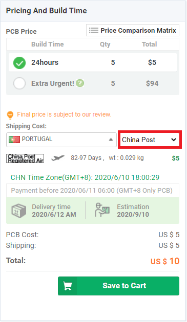 PCBWay Order PCB China post shipping method