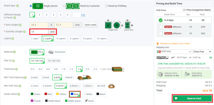 PCBWay Order PCB final step and save to cart