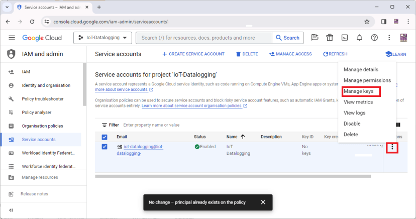 manage keys google cloud project