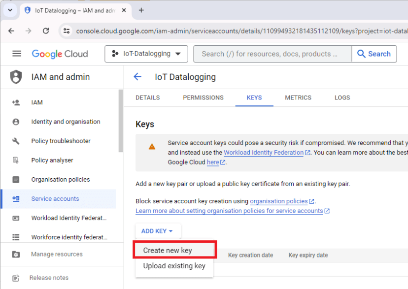 create new key google cloud project