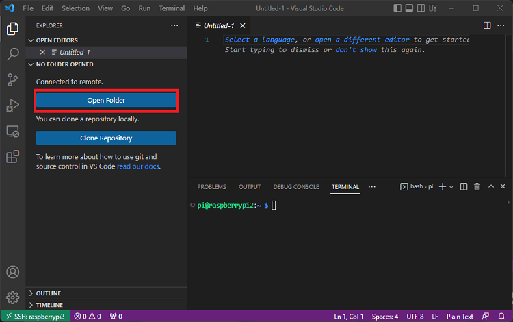 Open new folder on remote machine SSH VS Code