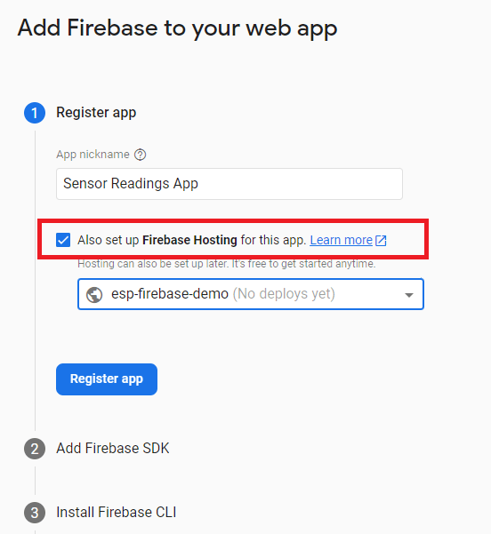 Firebase Add Web App to Project Hosting