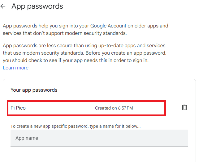 App password created for the Raspberry Pi Pico Gmail