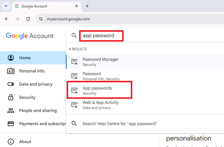 Google account create app password to send email with esp32