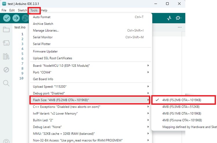 ESP8266 Select Flash Size Arduino IDE