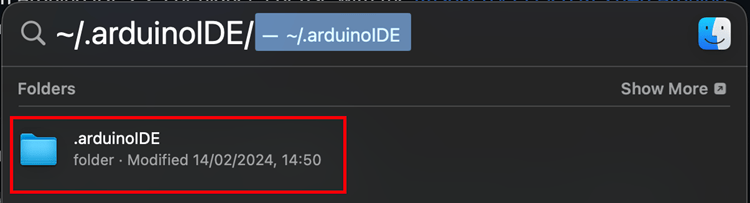 In Finder type ~/.arduinoIDE open that directory