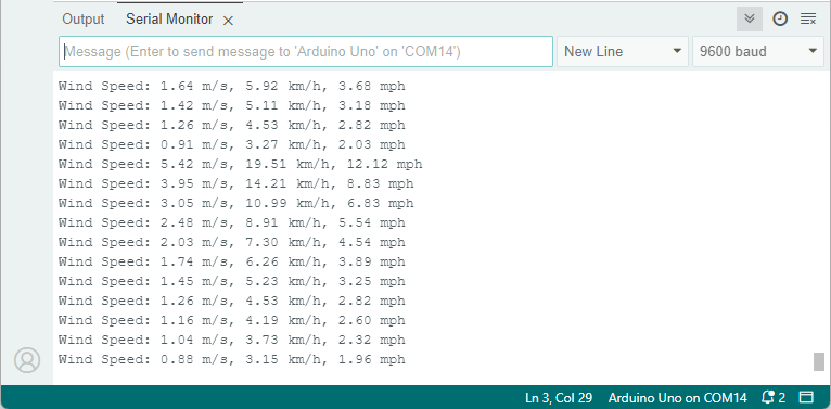 Testing Wind Sensor with Arduino - Serial Monitor Demonstration