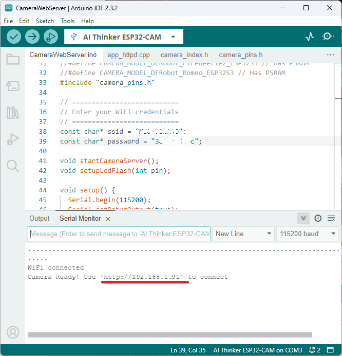 Camerawebserver example get IP address Arduino IDE ESP32-CAM