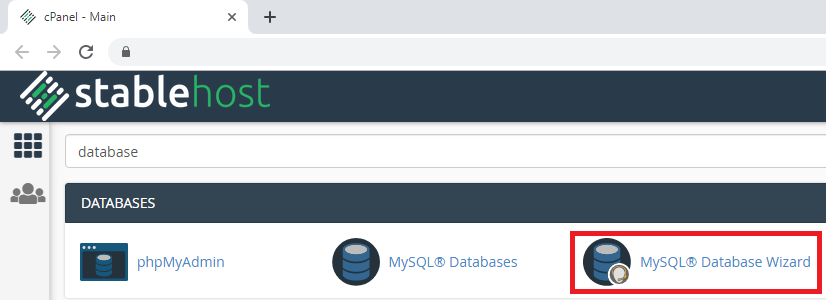 CPanel select MySQL database wizard to create db
