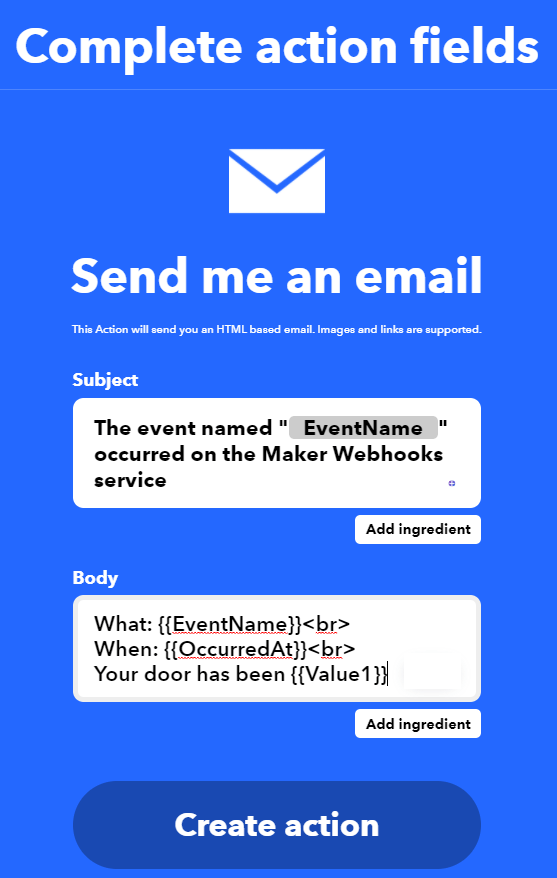IFTTT Create your applet eventName set action fields