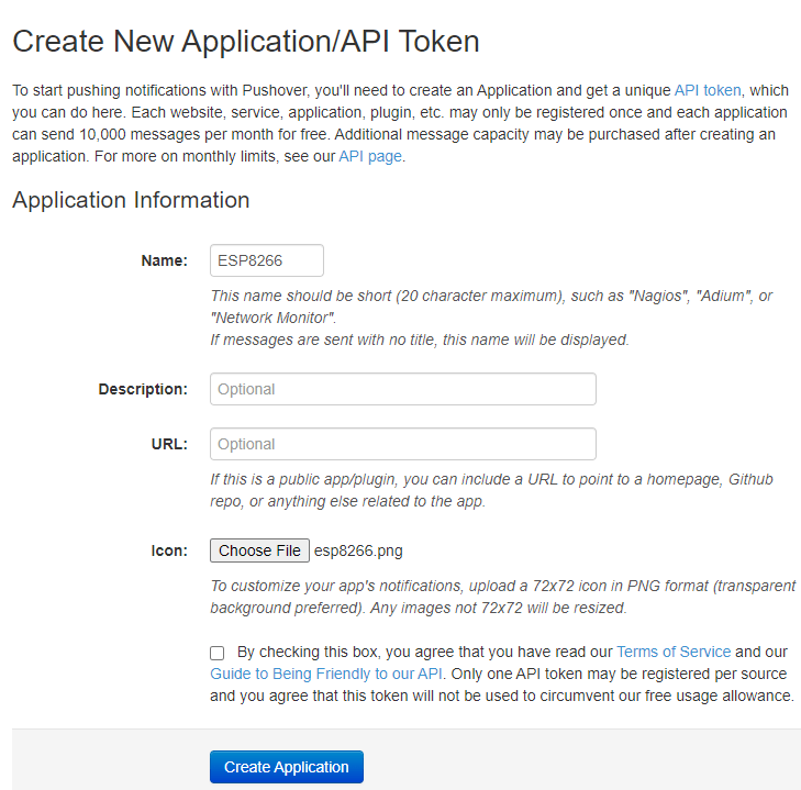 pushover create application esp8266