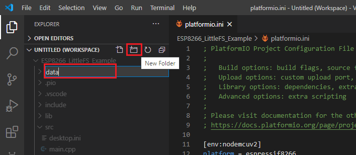 Create a data folder VS Code PlatformIO ESP8266