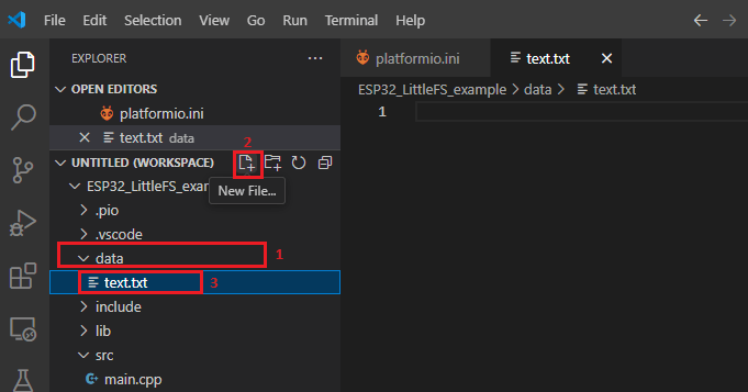 Create files under data folder VS Code with PlatformIO ESP32