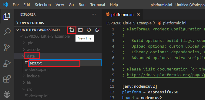 Create files under data folder VS Code with PlatformIO ESP8266
