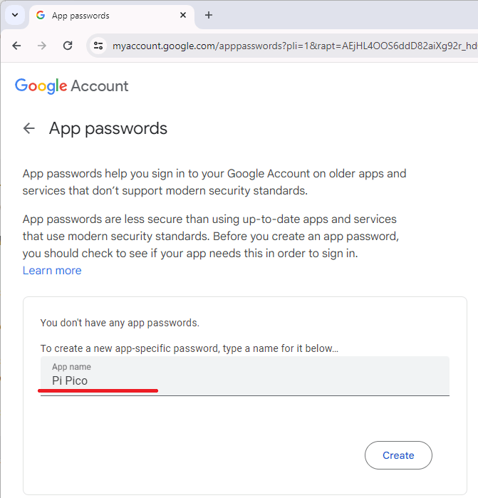 Gmail, create new app password, rpi pico