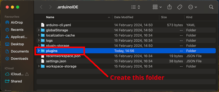 creating a plugins folder Arduino IDE 2 MacOS