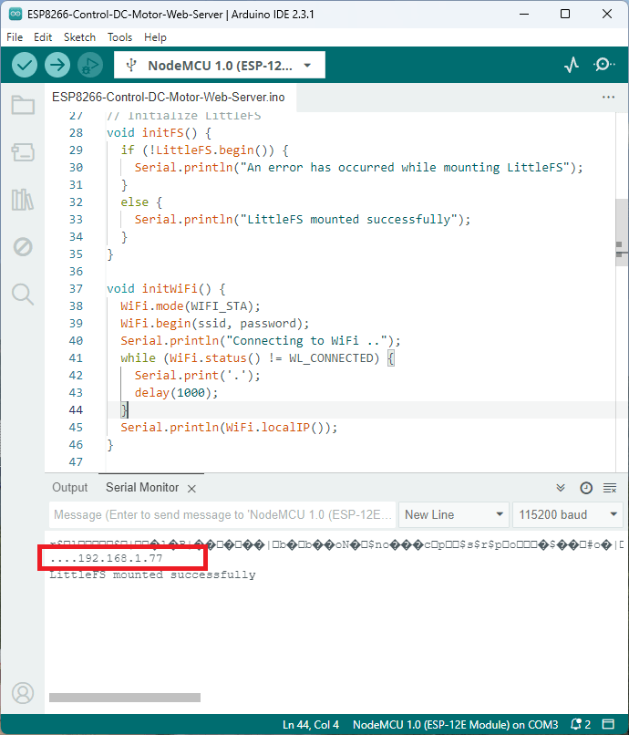 ESP8266 NodeMCU DC Motor Web Server Print IP address