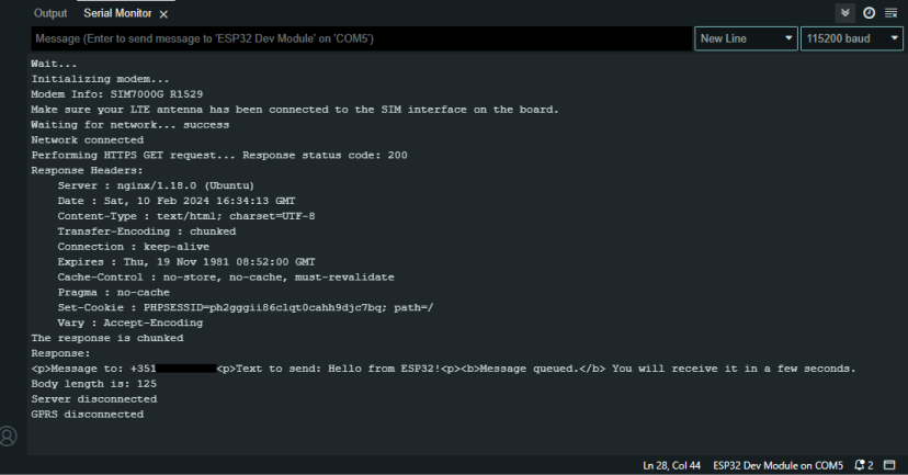 Demonstration Arduino IDE 2 Serial Monitor ESP32 Send Message to WhatsApp Remotely LILYGO T-SIM7000G