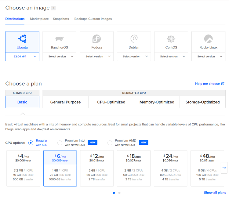 Digital Ocean Install MQTT Broker Choose a Linux Plan