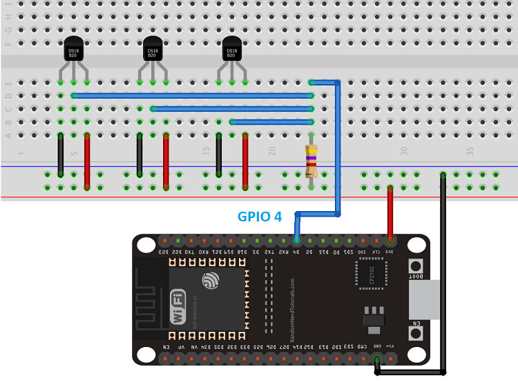DS18B20 Multiple Temperature Sensors with ESP32 Wiring Schematic Diagram