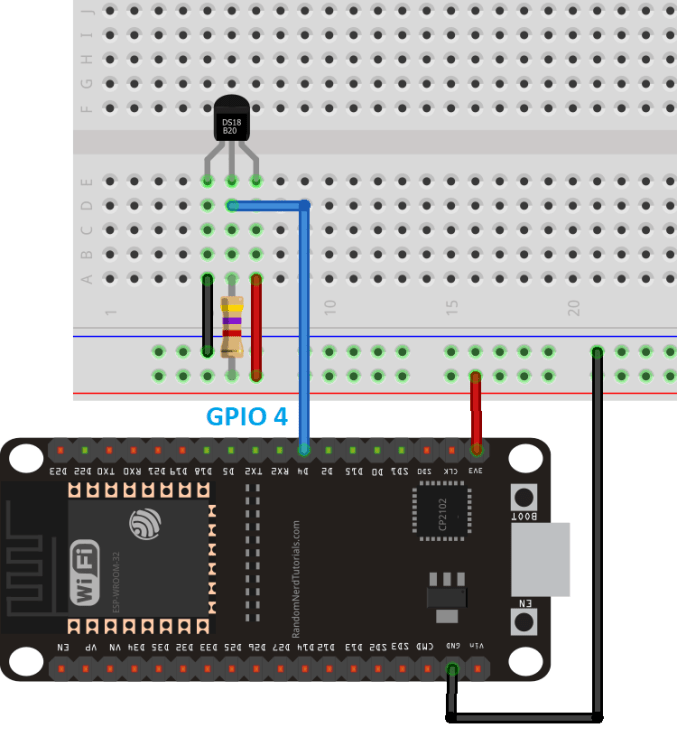 Wire ESP32 to DS18B20 Temperature Sensor Schematic Diagram