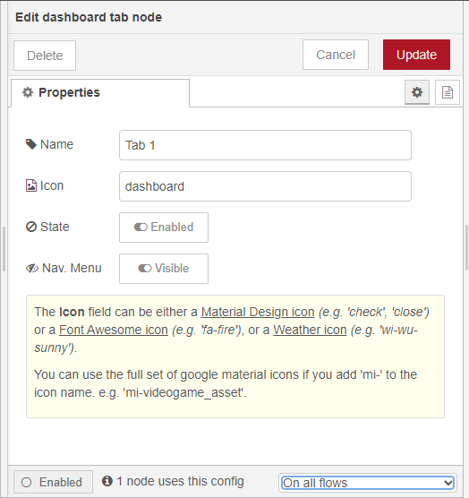 Edit dashboard tab node